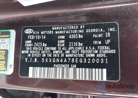 2014 Kia Optima Ex from USA, damaged, VIN 5XXGN4A78EG320031